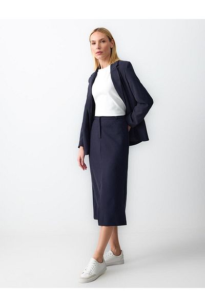 Jimmy Key Navy Blue Regular Waist Line Patterned Woven Midi Skirt