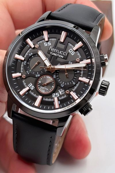 Ferrucci Men's Wristwatch - Black Leather Cord, 3Atm Bracelet, Gift Sdfer140