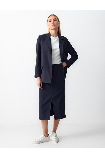 Jimmy Key Navy Blue Regular Waist Line Patterned Woven Midi Skirt