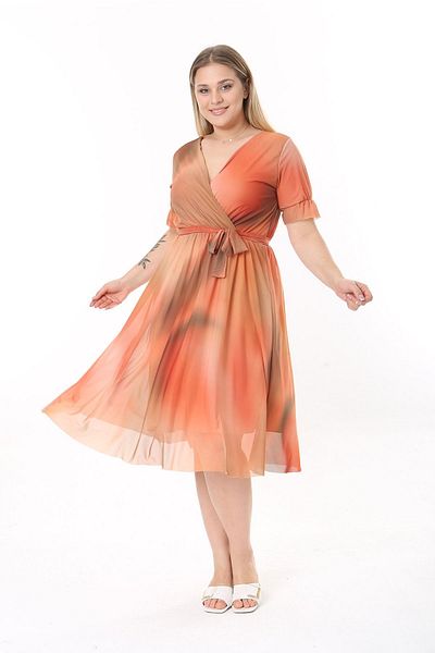 modayız Double Breasted Collar Plus Size Short Sleeve Dress 30A-2530