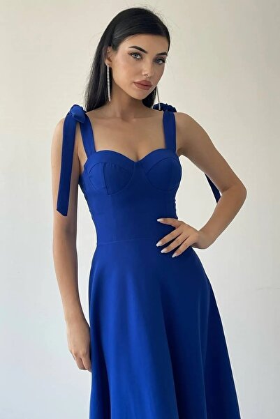 WOMAN VISION Női atlasz szövet mellkaspárnázott csipkepánt Midi hosszúságú kiszélesedő szabású Saks kék ruha 166