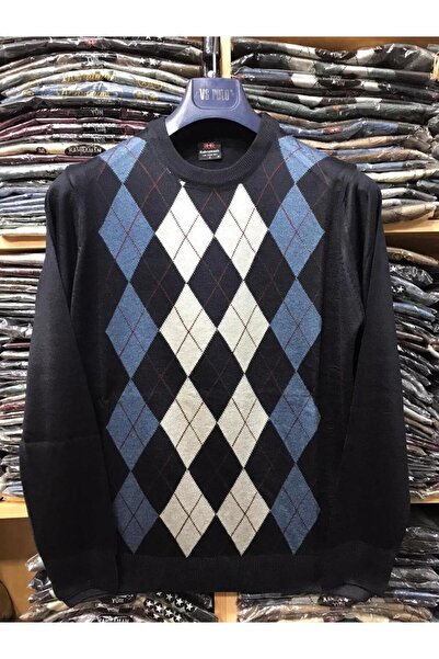 nacar çarşı Men's Dad Patterned Navy Blue Crew Neck Sweater