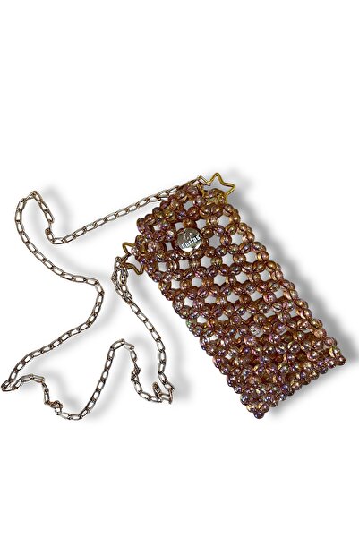 Las Perlas Kahverengi Parlak Boncuk Tasarım Telefon Çantası Çapraz Askılı Cüzdan Telefonluk