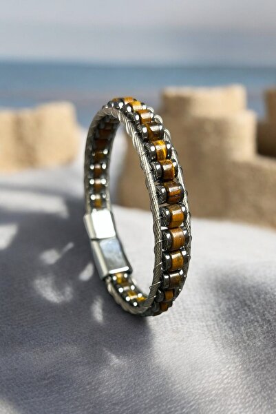 LA TINY سوار من الحجر الطبيعي منسوج بسلك للرجال، سوار من الهيماتيت على شكل عي...