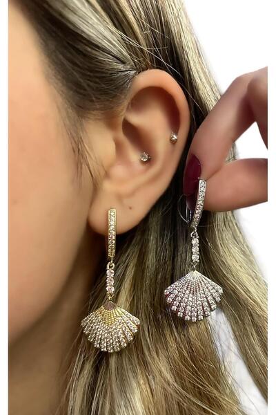 MyladyAccessoriess Zirkon Taş Detaylı İstiridye Küpe (Çelik) Gold