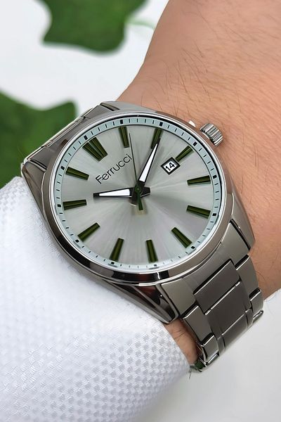 Ferrucci Men's Watch with Calendar Smoked Color Steel Band and Case Green Dial Detail Sdfer002