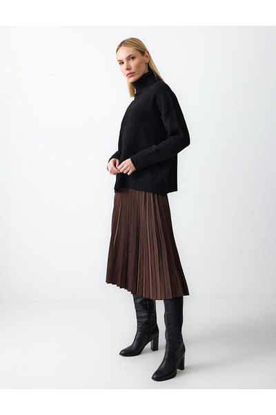 Jimmy Key Bitter Coffee Relaxed Fit High Waist Pleated Midi Skirt