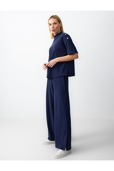 Jimmy Key Navy Blue High Waist Wide Leg Relaxed Fit Long Knitted Trousers