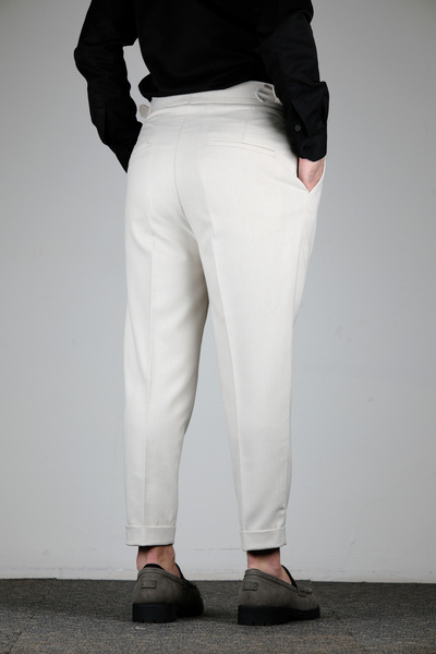 MODA Ekru Tokalı Yüksek Bel Pileli Erkek Pantolon