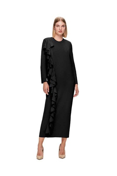 MISS DALIDA Black Front Ruffle Knitwear Dress T25K-4010