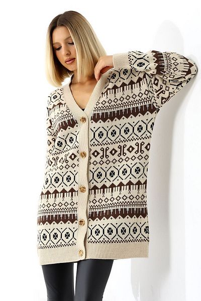 Devinka Patterned Buttoned Long Oversize Knitwear Women's Cardigan