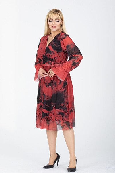 modayız Double Breasted Collar Plus Size Long Sleeve Dress 35B-2411