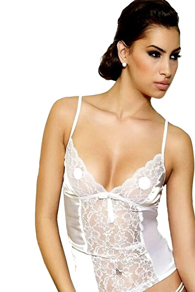 CANYILDIZ Kadın Beyaz Ortası Tül Dantelli Ip Askılı Atlet