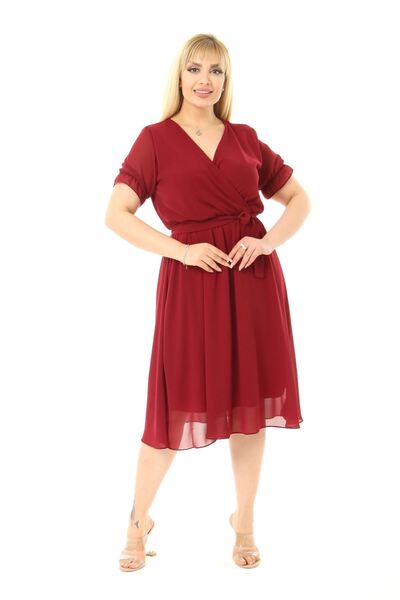 modayız Short Sleeve Plus Size Chiffon Burgundy Dress 13E-2066