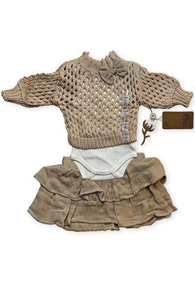 Nipperland Beige Baby Girl Set - 100% Organic Cotton, Bow Mesh, Layered Skirt Lingerie Bodysuit Set of 3