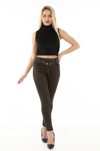 modayız Green Plaid Belted Trousers L1-1694