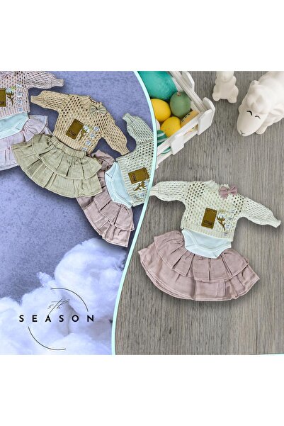 Nipperland Ecru Baby Girl Set - Set of 3 100% Organic Cotton, Bow Mesh, Sweater and Layered Skirt