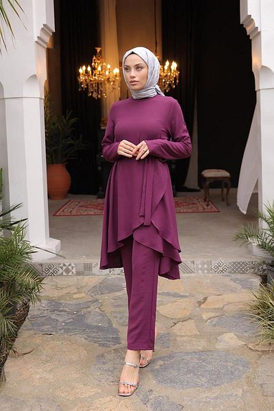 BurcuFashion Asymmetric Cut Aerobin Hijab Suit Brc1311 Plum