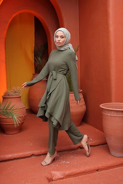 BurcuFashion Ασύμμετρη κοπή Aerobin Hijab Suit Brc1311 Χακί
