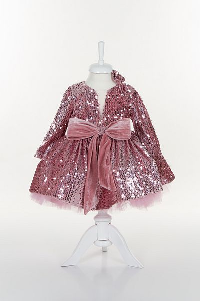 Sare Çocuk Giyim Princess Girls Powder Pink Velvet Sequin Sequin Sparkly Long Sleeve Evening Dress