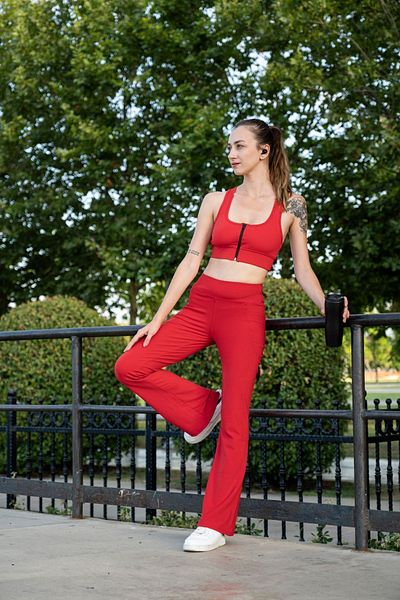 EMFURE Red Women's Sports Set - Flared Leg Leggings, Bustier and Recovery Leggings