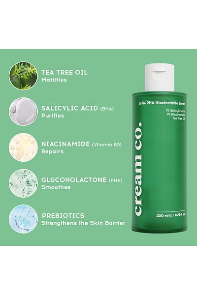 Cream Co. 200 ml Bha/pha Niacinamid-Gesichtswasser, Hauterneuerung, Reinigungstonikum, Salicylsäure