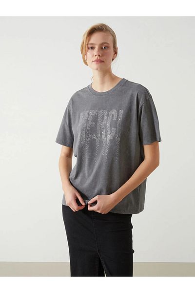 LC Waikiki Γυναικείο μπλουζάκι LCW Vision Anthracite Crew Neck Stoned Oversize