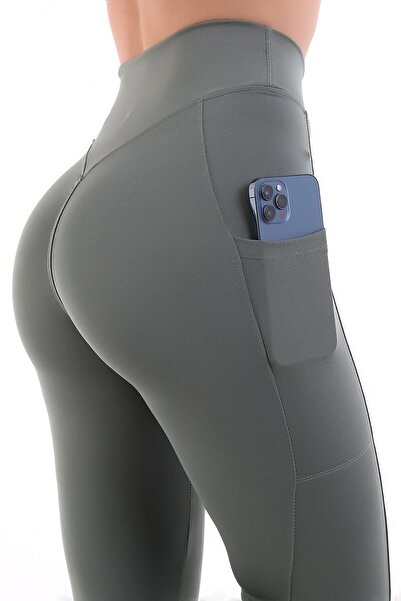 EMFURE Γυναικείο αθλητικό κολάν χακί ψηλόμεσο - διπλή τσέπη, κολάν σύσφιξης Fitness