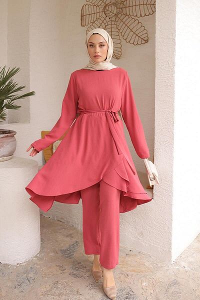 BurcuFashion Ασύμμετρη κοπή Aerobin Hijab Suit Brc1311 Rose