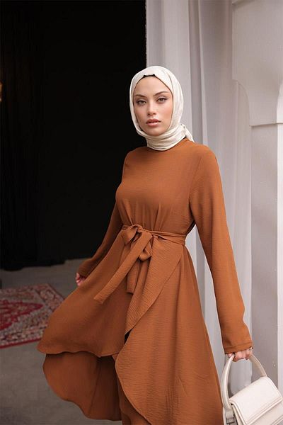 BurcuFashion Ασύμμετρη κοπή Aerobin Hijab Suit Brc1311 Tan