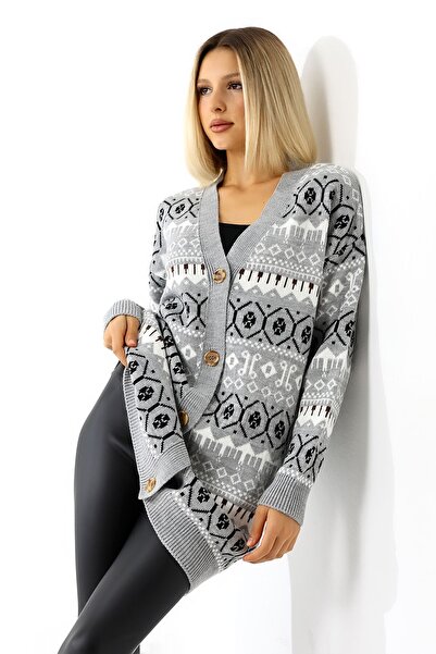Devinka Patterned Buttoned Long Oversize Knitwear Women's Cardigan