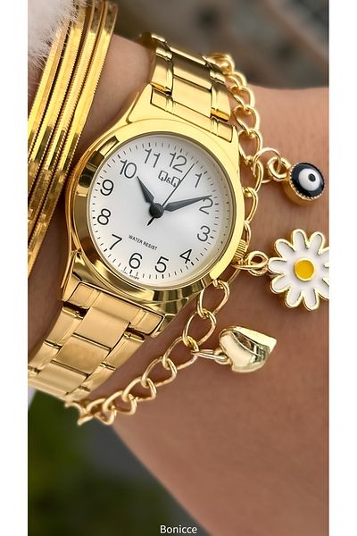Q&Q Women's Yellow Vintage Wrist Watch - Steel Band, Numeral Dial, Bracelet Gift