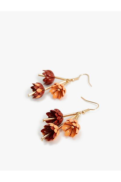 Koton Steel Dangle Flower Patterned Earrings