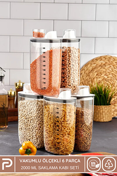 Poomy 6'lı Vakumlu Hava Geçirmez Ölçekli Beyaz Saklama Kabı Seti - 2000 ml Öl...