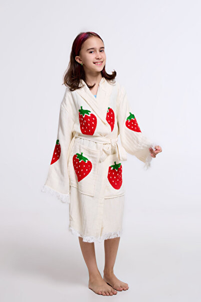 MONO %100 pamuk natural kapüşonlu çilek baskılı muslin çocuk bornoz kimono