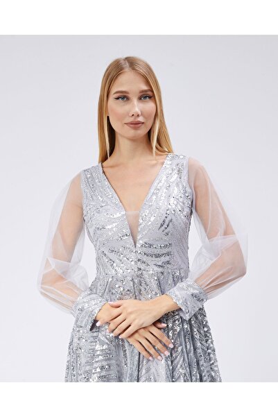 Asees Abiye Ve Mezuniyet Elbise Tül Kumaş Üzerine Pul Payet Ve Sim Baskılı Kadın Abiye Elbise