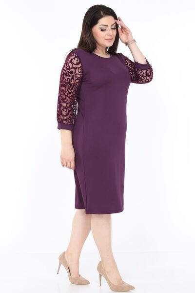 modayız Rochie mov cu mâneci din pluș, mărimi mari 7E-1049