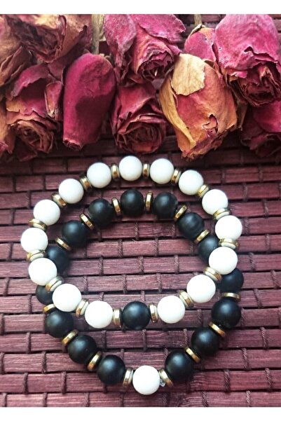 Zodyak Doğal Taş Lover Bracelet Hematite Black & White Onyx Lover Bracelet