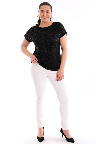 SERTUĞ Trend42Plus Plus Size Low Sleeve Drop Pattern Black Blouse