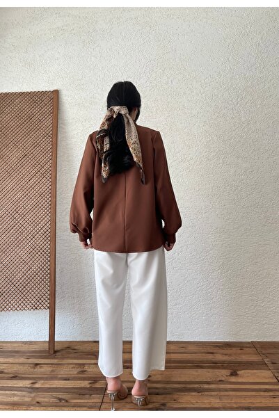 KÜÇÜĞÜM BUTİK Крепова блуза с дълъг ръкав - кафява, с прибрана яка