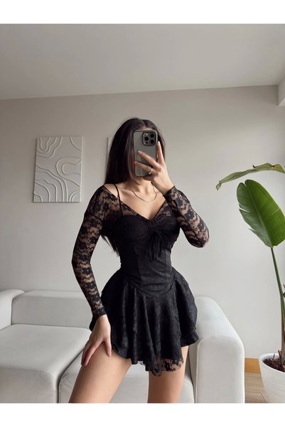 Zoom Butik Dantel Kol Ön Büzgülü Elbise - SİYAH