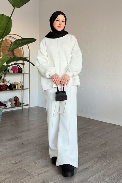 InStyle Set de trening alb cu nervuri cu fermoar