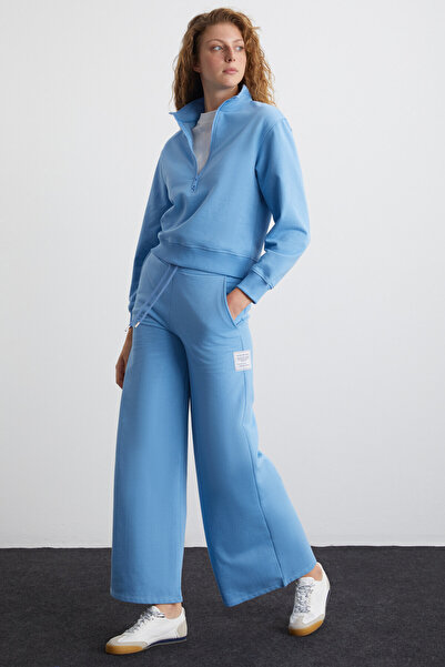 GRIMELANGE Γυναικείο κανονικό μπλε φούτερ Saılenıs από οργανικό βαμβάκι με μισό φερμουάρ