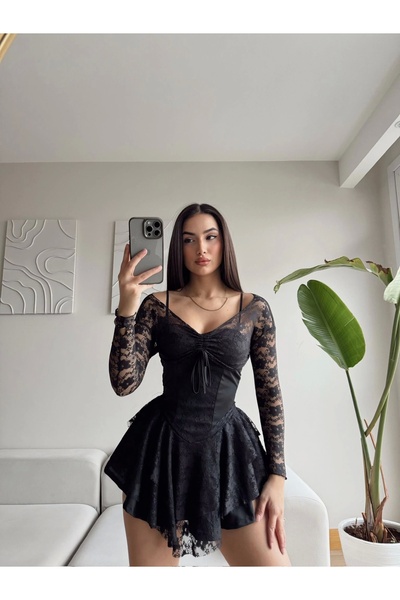 Zoom Butik Dantel Kol Ön Büzgülü Elbise - SİYAH