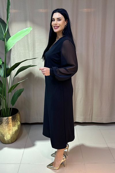 GÖKSEL Button Detailed Sleeves Tulle Plus Size Dress - Black