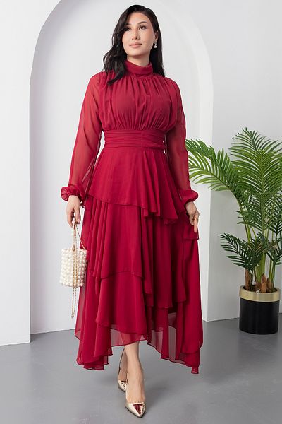 PULLIMM Rochie din șifon cu mâneci lungi cu guler vertical DKS1010