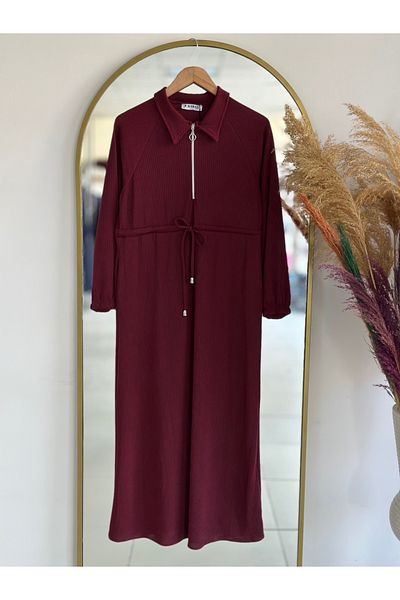 Ebrar Store Cansu Knitted Twist Dress with Tunnel Waist-Kn8085 Burgundy