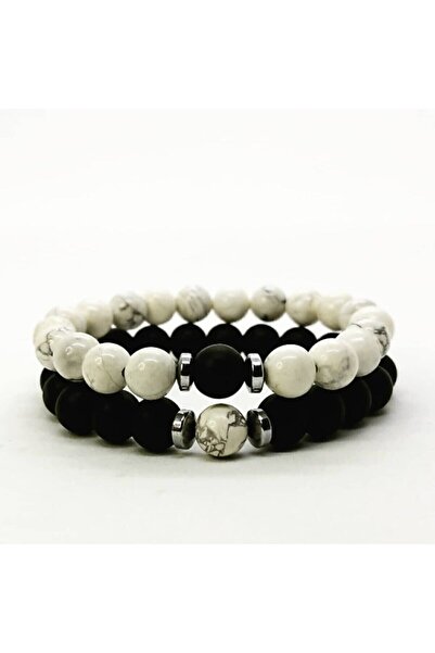 Zodyak Doğal Taş (H)unisex Black and White Howlite & Onyx Lover's Bracelets
