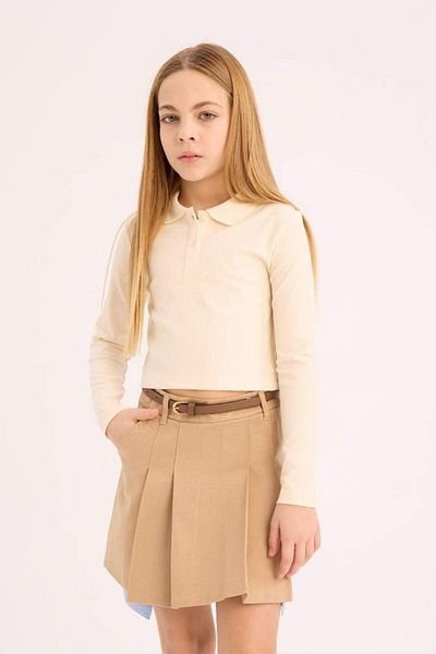 DeFacto Schmal geschnittenes, geripptes, langärmliges Polo-T-Shirt für Mädchen B7407a825sp