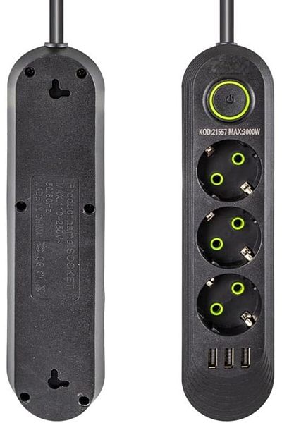 STOREMAX Megobine Current Protected Group Socket, 3 Socket, 1.5 Meter Cable, 3 USB 3000W, 16 Ampere, Cable